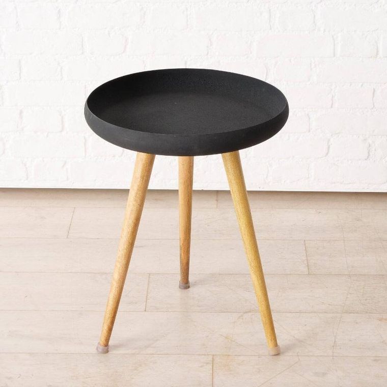 Boltze Home, stoliki kawowe loftowe z czarnym blatem i nogami z drewna mango, Masdour, 3 szt.