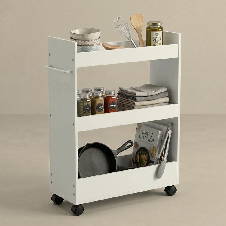 Boximo, Movo, wąski regał kuchenny na kółkach, trzy półki, 60-79-22 cm