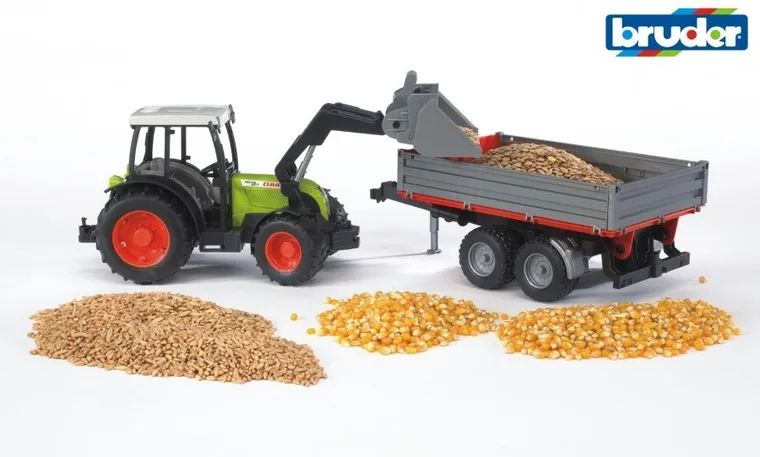 Bruder, traktor Claas Nectis 267F z ładowarką i przyczepą