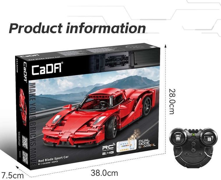 Cada, Red Blade Sport Car, pojazd zdalnie sterowany, Dual Mode, czerwony, 1:14, 32 cm, 405 elementów