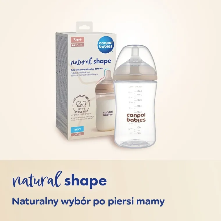 Canpol babies, Natural Shape, butelka ze smoczkiem dwustrefowym, 260 ml