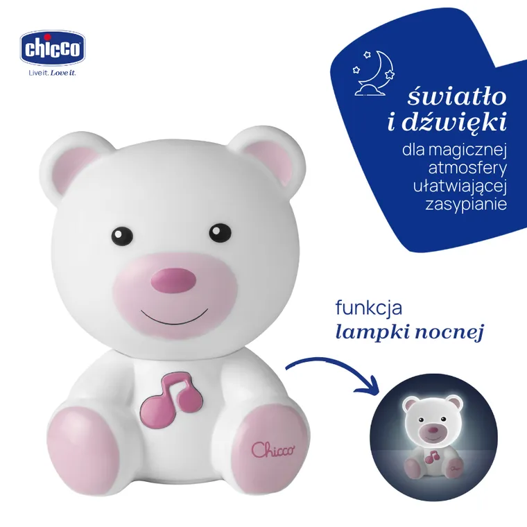 Chicco, First Dreams, lampka nocna Miś, różowa, uspokajacz z dźwiękami