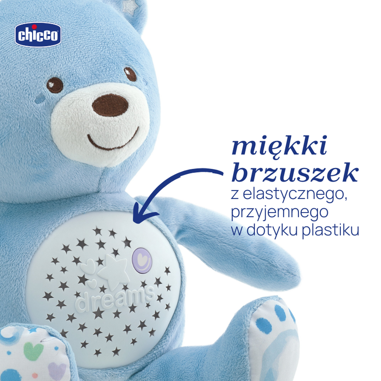 Chicco, First Dreams, Miś z Projektorem, maskotka, uspokajacz z dźwiękami, muzyka klasyczna, niebieski