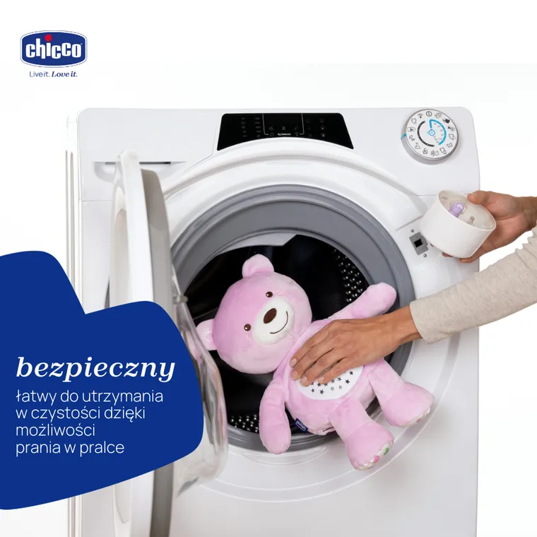 Chicco, First Dreams, Miś z Projektorem, maskotka, uspokajacz z dźwiękami, muzyka klasyczna, różowy