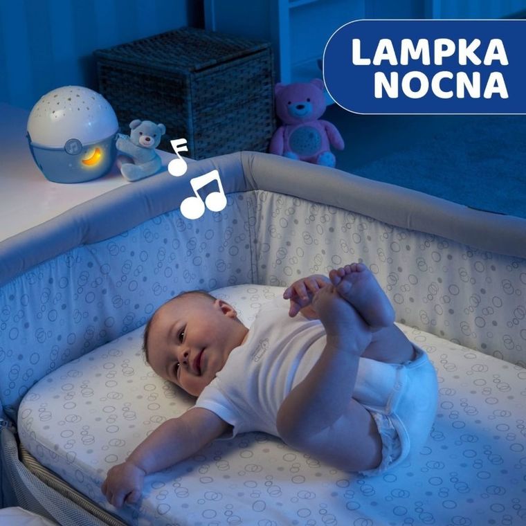 Chicco, First Dreams, Next2stars, projektor na łóżeczko z muzyką klasyczną, uspokajacz, czujnik płaczu, niebieski