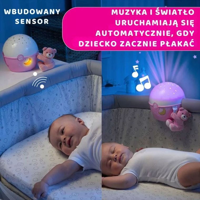 Chicco, First Dreams, Next2stars, projektor na łóżeczko z muzyką klasyczną, uspokajacz, czujnik płaczu, różowy