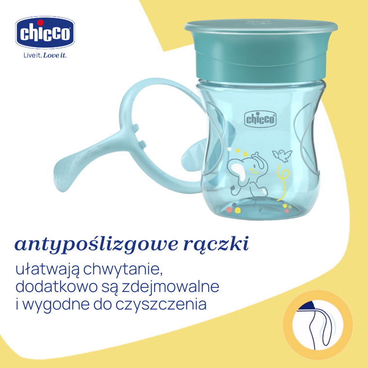Chicco, kubek treningowy 360° do nauki samodzielnego picia, turkusowy, 12m+, 200 ml