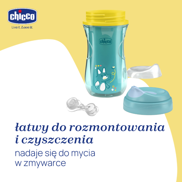 Chicco, kubek treningowy, niekapek, termiczny z twardym ustnikiem, turkusowy, 14m+, 266 ml