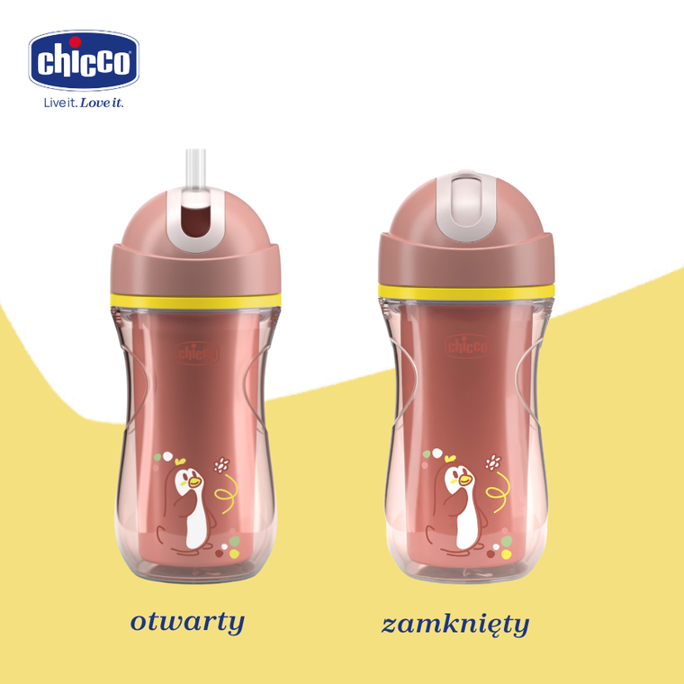 Chicco, kubek treningowy, niekapek, termiczny ze słomką, brzoskwiniowy,14m+, 266 ml