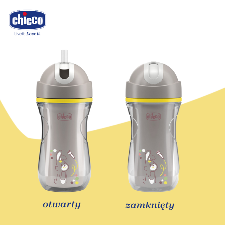Chicco, kubek treningowy, niekapek, termiczny ze słomką, szary, 14m+, 266 ml
