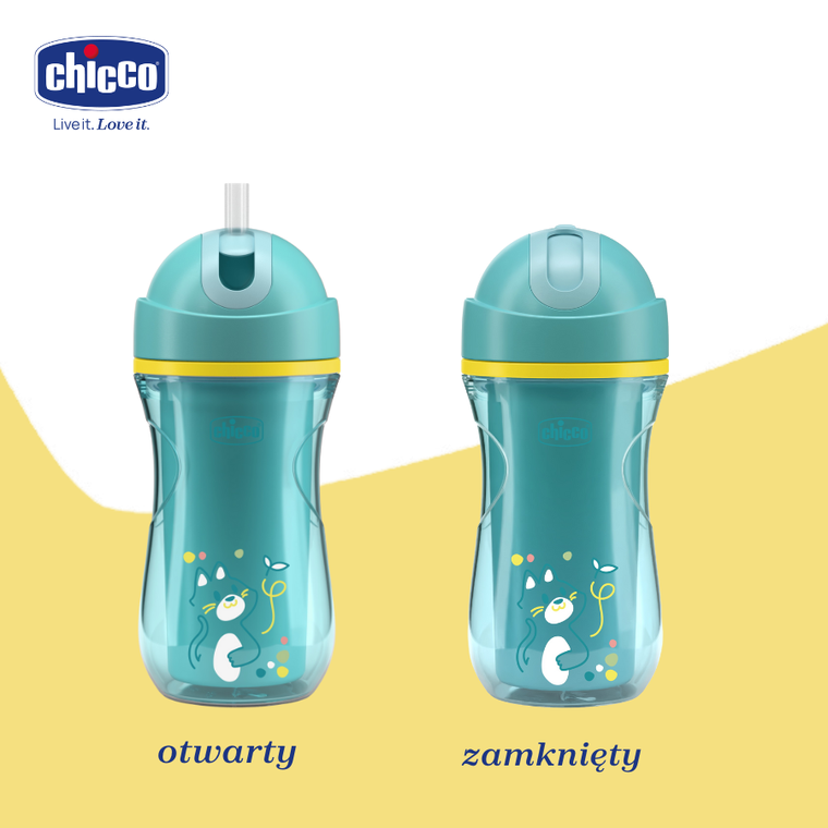 Chicco, kubek treningowy, niekapek, termiczny ze słomką, turkusowy, 14m+, 266 ml