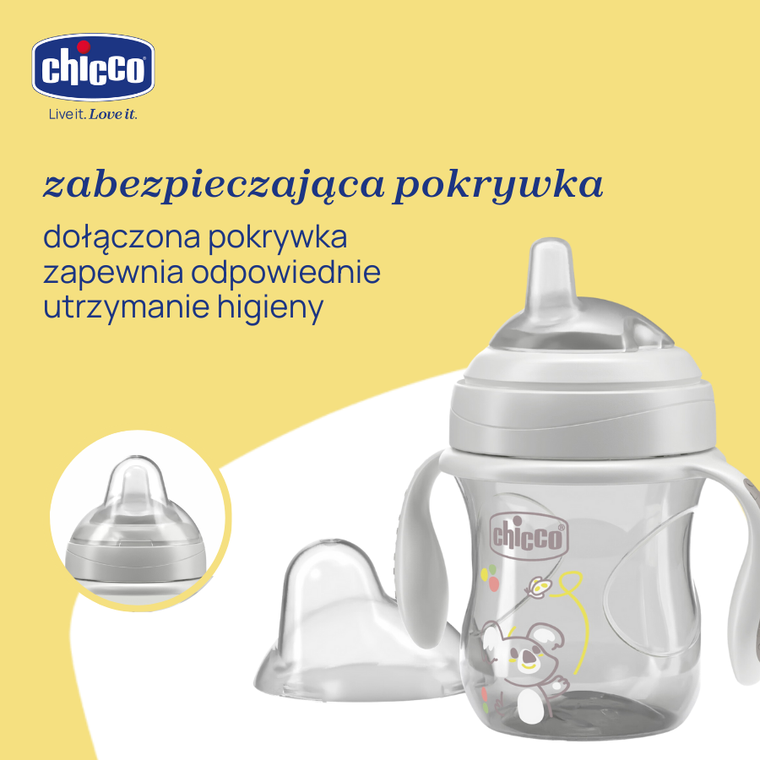 Chicco, kubek treningowy, niekapek z miękkim ustnikiem, szary, 4m+, 200 ml