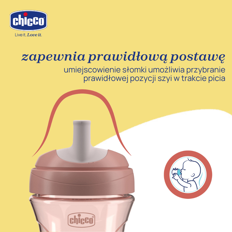 Chicco, kubek treningowy, niekapek z ustnikiem w kształcie słomki, brzoskwiniowy 12m+, 266 ml