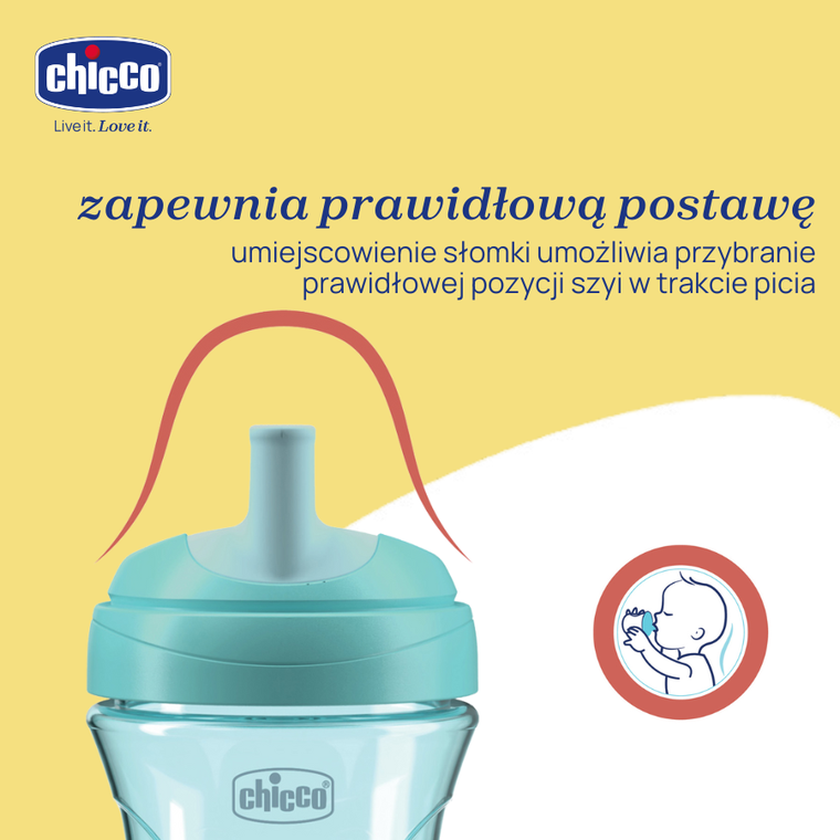 Chicco, kubek treningowy, niekapek z ustnikiem w kształcie słomki, turkusowy 12m+, 266 ml