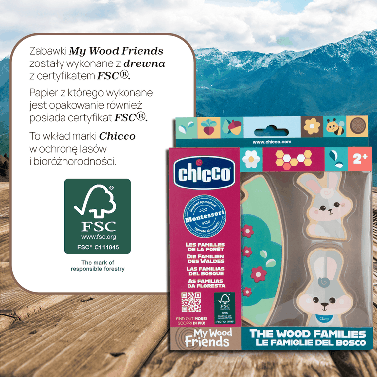 Chicco, My Wood Friends, Zestaw Tata, drewniane figurki króliczków, 2 szt.