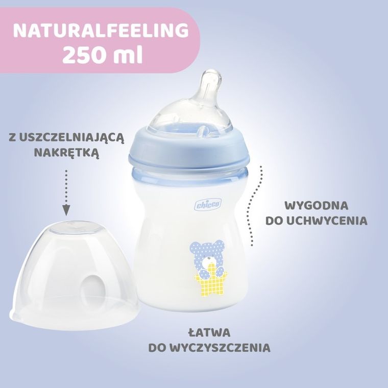 Chicco, NaturalFeeling, butelka plastikowa, przepływ średni, niebieska, 2m+, 250 ml
