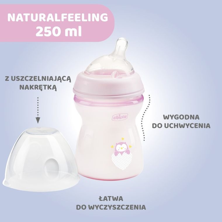 Chicco, NaturalFeeling, butelka plastikowa, przepływ średni, różowa, 2m+, 250 ml