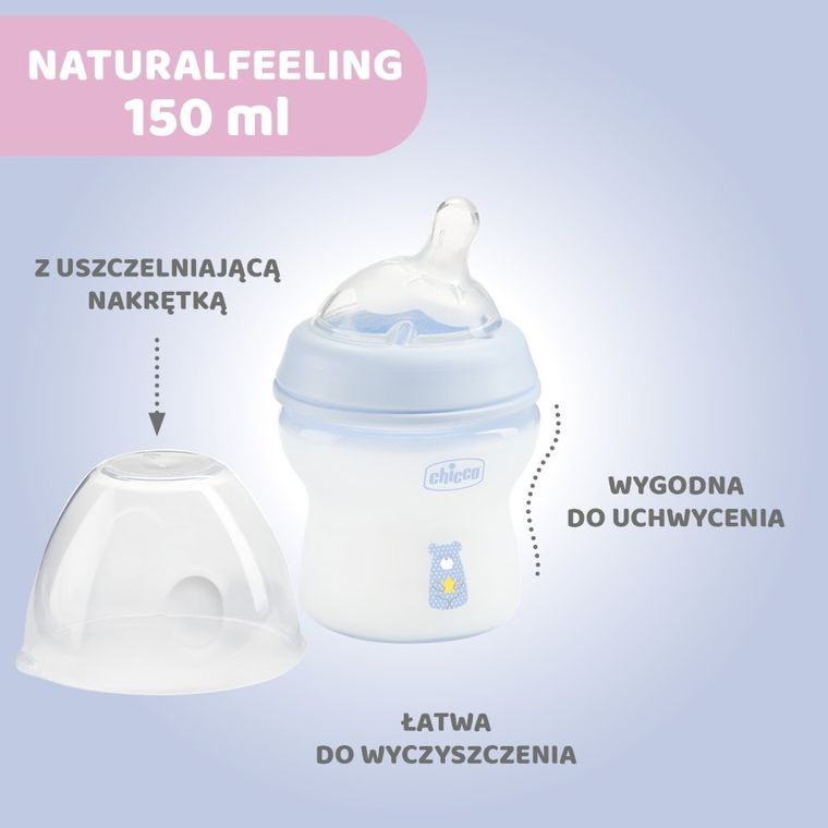 Chicco, NaturalFeeling, butelka plastikowa, przepływ wolny, niebieska, 0m+, 150 ml