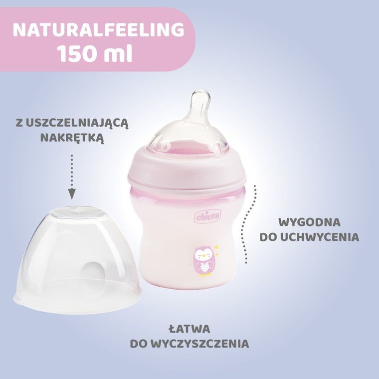 Chicco, NaturalFeeling, butelka plastikowa, przepływ wolny, różowa, 0m+, 150 ml