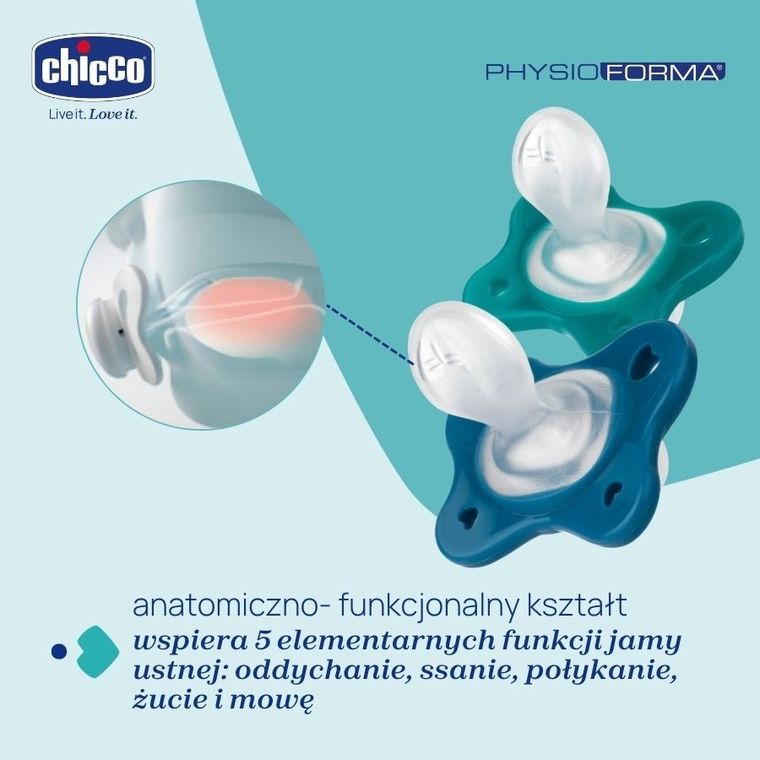 Chicco, PhysioForma Dual Soft, smoczek uspokajający, silikonowy, niebieski, 16-36m, 2 szt.