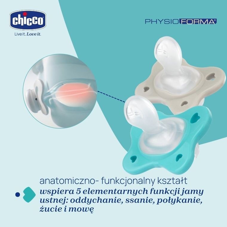 Chicco, PhysioForma Dual Soft, smoczek uspokajający, silikonowy, niebieski, 6-16m, 2 szt.