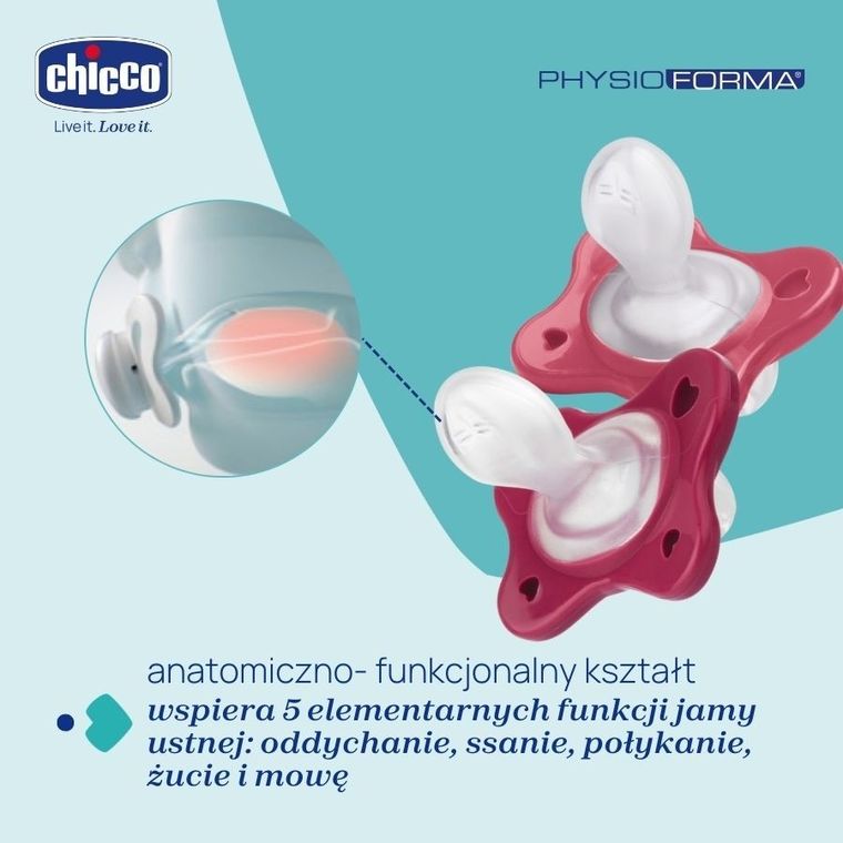 Chicco, PhysioForma Dual Soft, smoczek uspokajający, silikonowy, różowy, 16-36m, 2 szt.