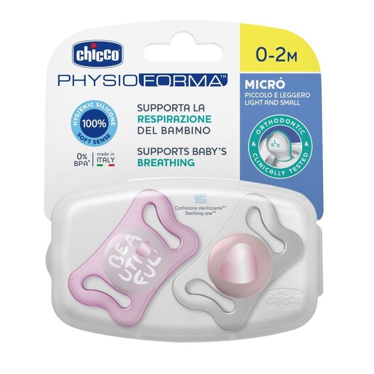 Chicco, Physioforma Micro, smoczek uspokajający, silikonowy, różowy, 0-2 m, 2 szt.