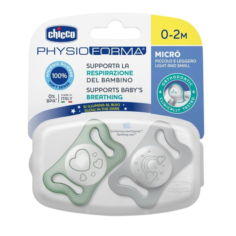Chicco, Physioforma Micro, smoczek uspokajający, silikonowy, świecący, 0-2 m, 2 szt.