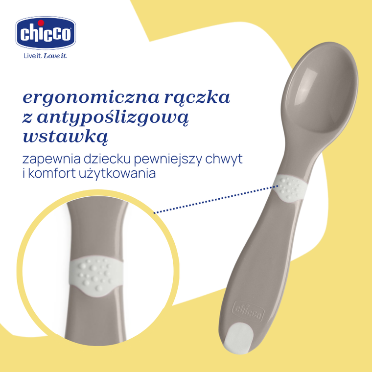 Chicco, pierwsze sztućce plastikowe, szare, 12m+