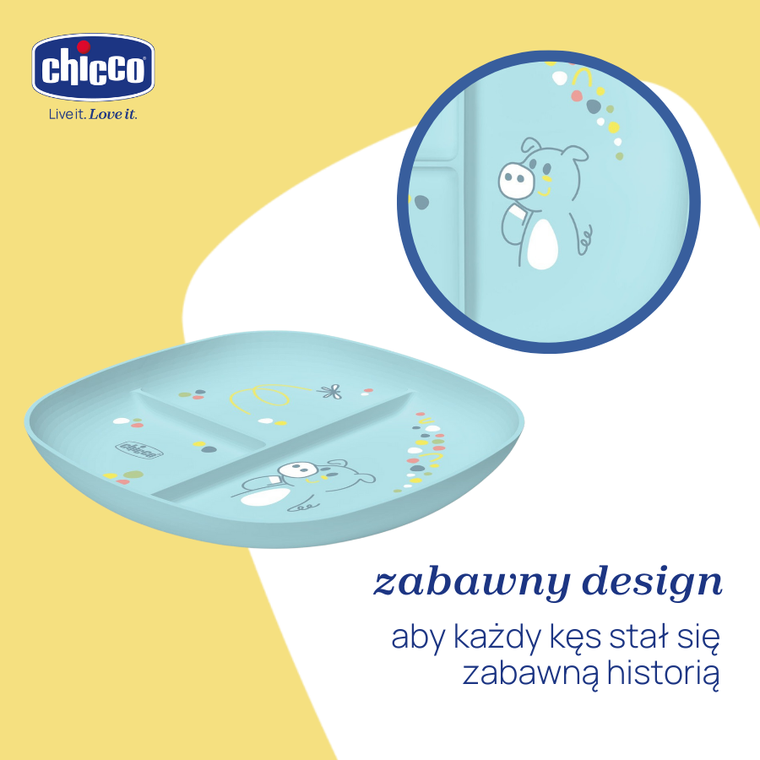 Chicco, talerz 3-dzielny, niebieski, 12m+