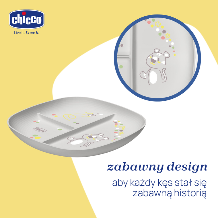 Chicco, talerz 3-dzielny, szary, 12m+