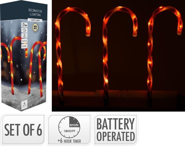 Christmas Decoration, lampki zewnętrzne laski świąteczne, Candy, 6 szt.