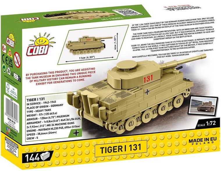 Cobi, Historical Collection WWII, Tiger I 131, klocki, 1:72, 144 elementy