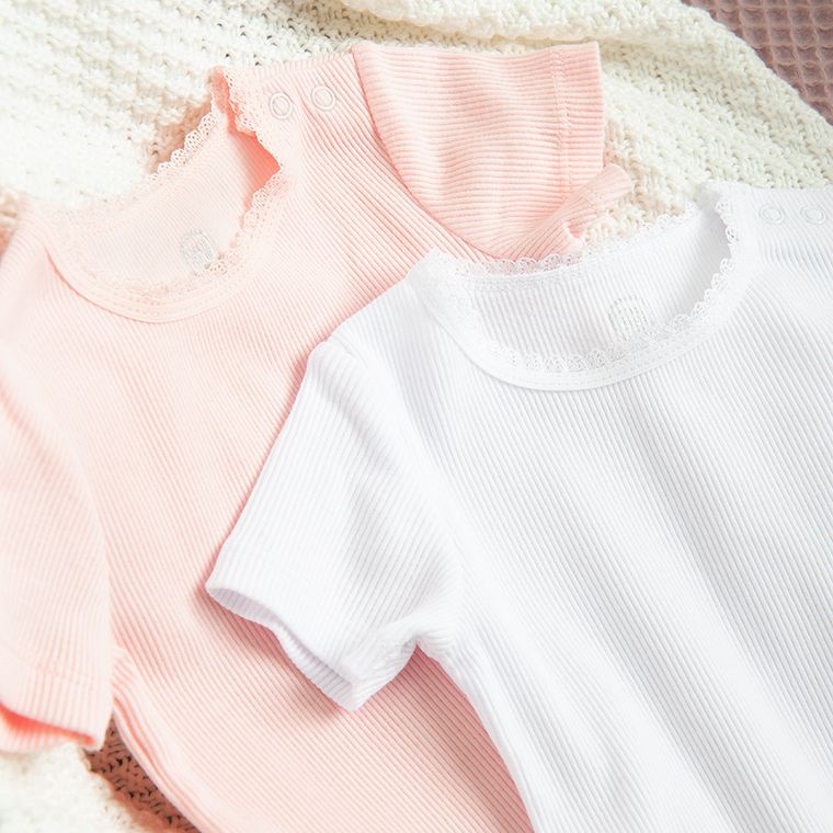Cool Club, Body dziewczęce z krótkim rękawem, prążkowane, białe, różowe, zestaw, 2 szt.