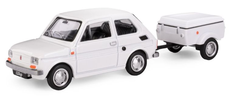 Daffi, Niewiadów, Fiat 126p z krótką przyczepką, pojazd, model metalowy, 1:43, biały