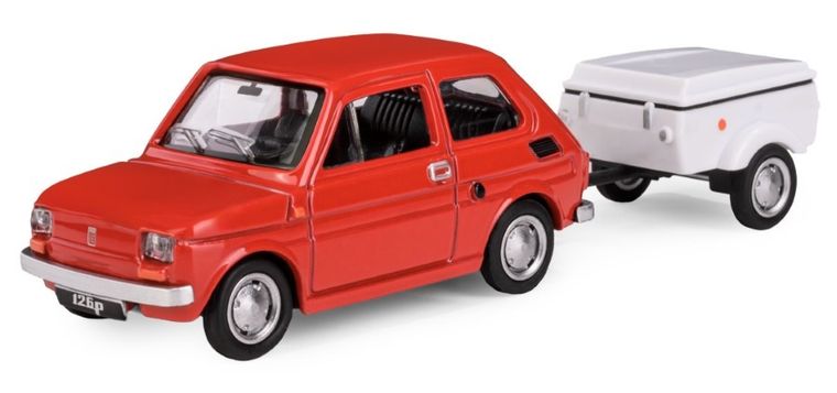 Daffi, Niewiadów, Fiat 126p z krótką przyczepką, pojazd, model metalowy, 1:43, czerwony