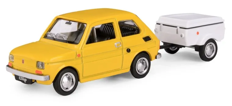 Daffi, Niewiadów, Fiat 126p z krótką przyczepką, pojazd, model metalowy, 1:43, żółty