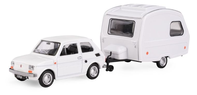 Daffi, Niewiadów, Fiat 126p z przyczepą kempingową, pojazd, model metalowy, 1:43, biały