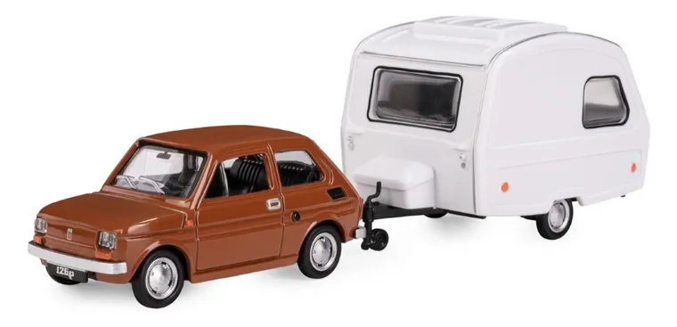 Daffi, Niewiadów, Fiat 126p z przyczepą kempingową, pojazd, model metalowy, 1:43, brązowy