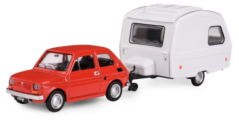 Daffi, Niewiadów, Fiat 126p z przyczepą kempingową, pojazd, model metalowy, czerwony, 1:43