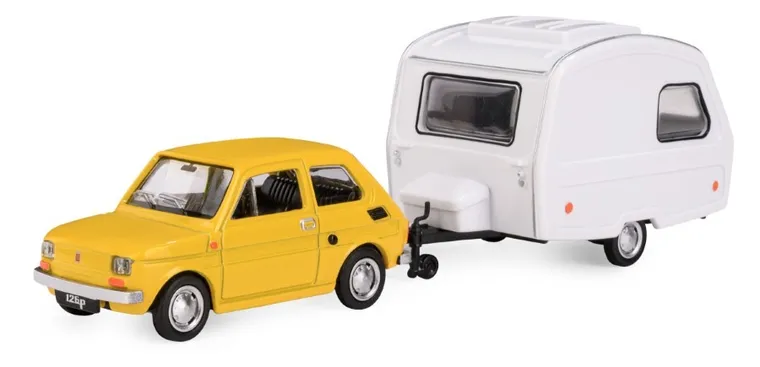 Daffi, Niewiadów, Fiat 126p z przyczepą kempingową, pojazd, model metalowy, żółty, 1:43