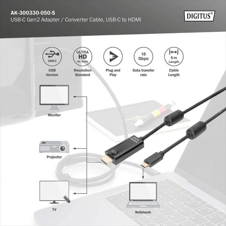Digitus, kabel, USB C/HDMI M/M 3.1 4K60HZ, 5m, czarny