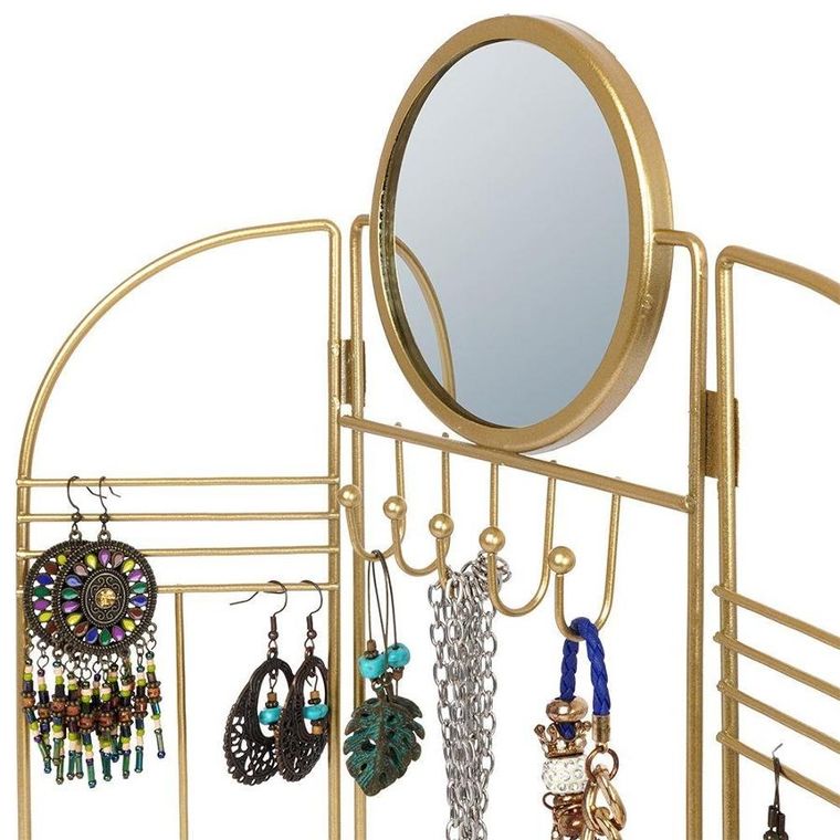 Eleganza, wieszak na biżuterię z lusterkiem, metalowy, składany, złoty
