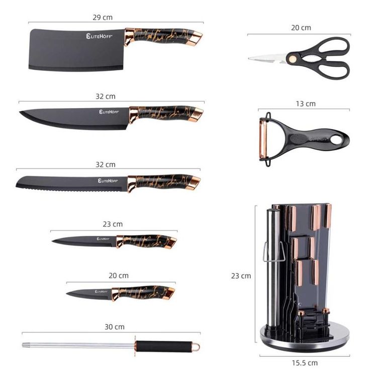 Elitehoff, zestaw noży kuchennych w stojaku z ostrzałką i nożycami, 9 elementów