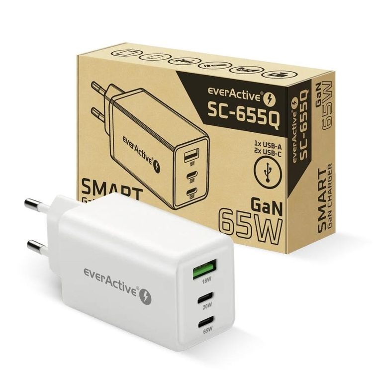 Everactive, ładowarka sieciowa, GAN 1xUSB, 2xUSB-C, QC, 65W, biała, SC-655Q