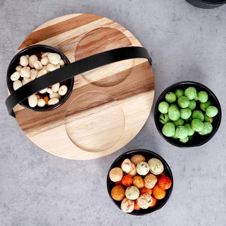 Excellent Houseware, miseczki ceramiczne do dipów, na przekąski, na tacy drewnianej, czarne, 4 elementy