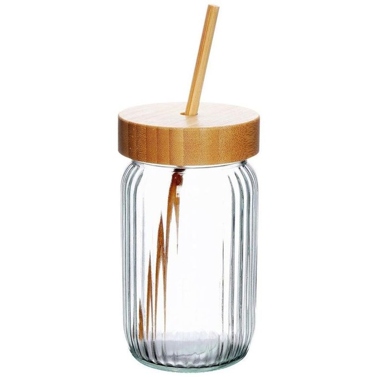 Excellent Houseware, słoik do picia z bambusową pokrywką i słomką, 500 ml