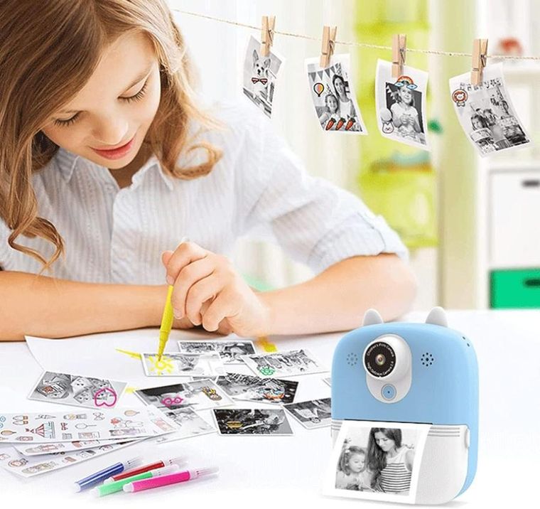 Extralink, zestaw: mini drukarka termiczna z aparatem, niebieska + 3 rolki papieru termicznego