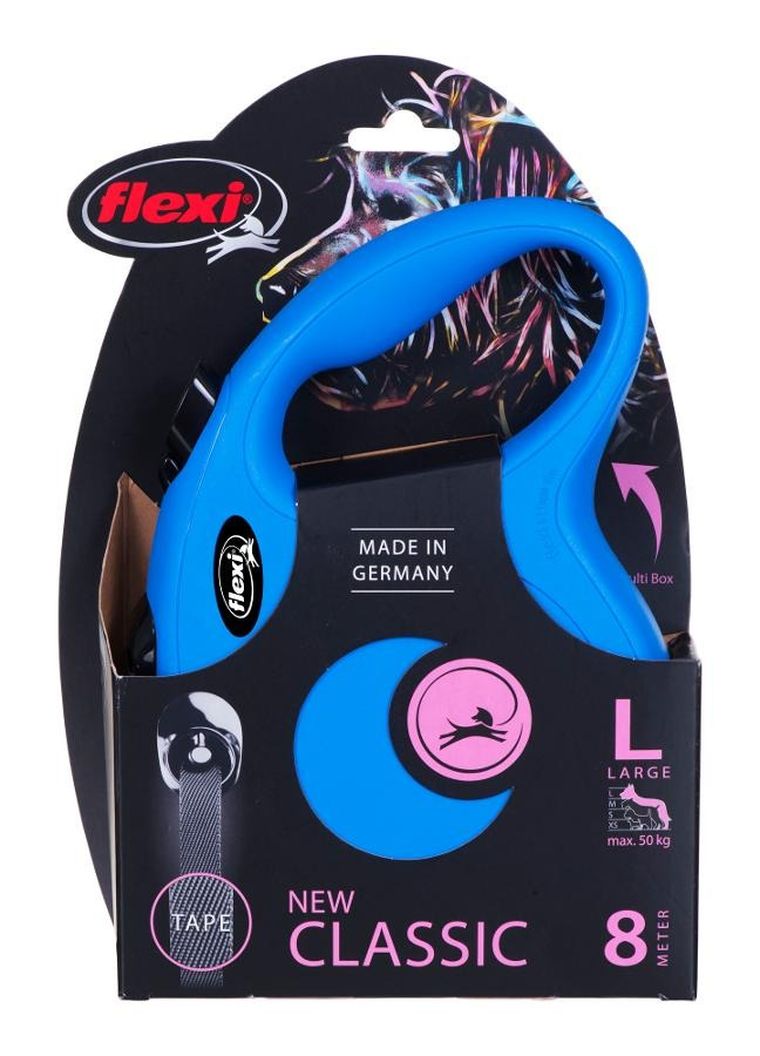 Flexi, New Classic, smycz automatyczna, rozmiar L, niebieska, 8m, do 50 kg