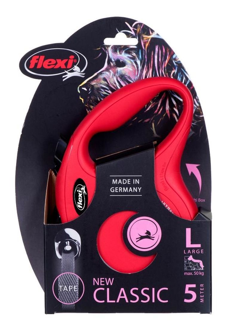 Flexi, New Classic, smycz, taśma do 50 kg, czerwona, 5m